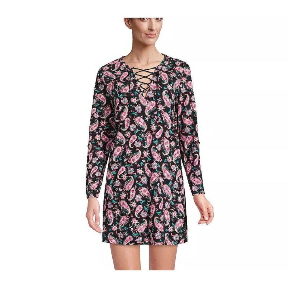 Lands End Womens Large Tunic Swim Cover Up Shirtdress Roll Tab‎ Sleeve Dress